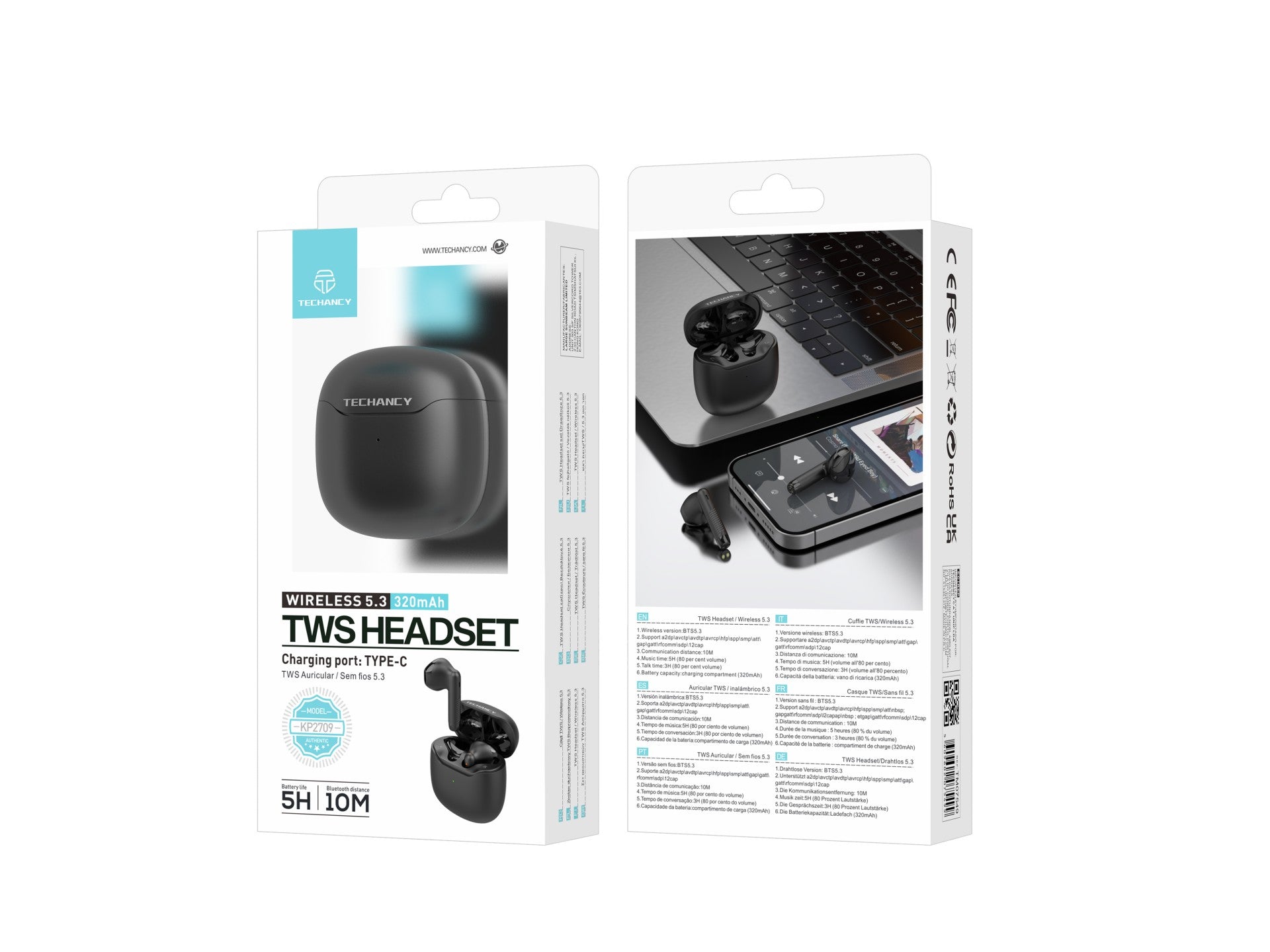 Techancy Auricular TWS KP2709 Sem Fios 5.3 Bluetooth Porta Type C Distancia de 10m 5h de Musica Estojo de Carga 320mAh Preto