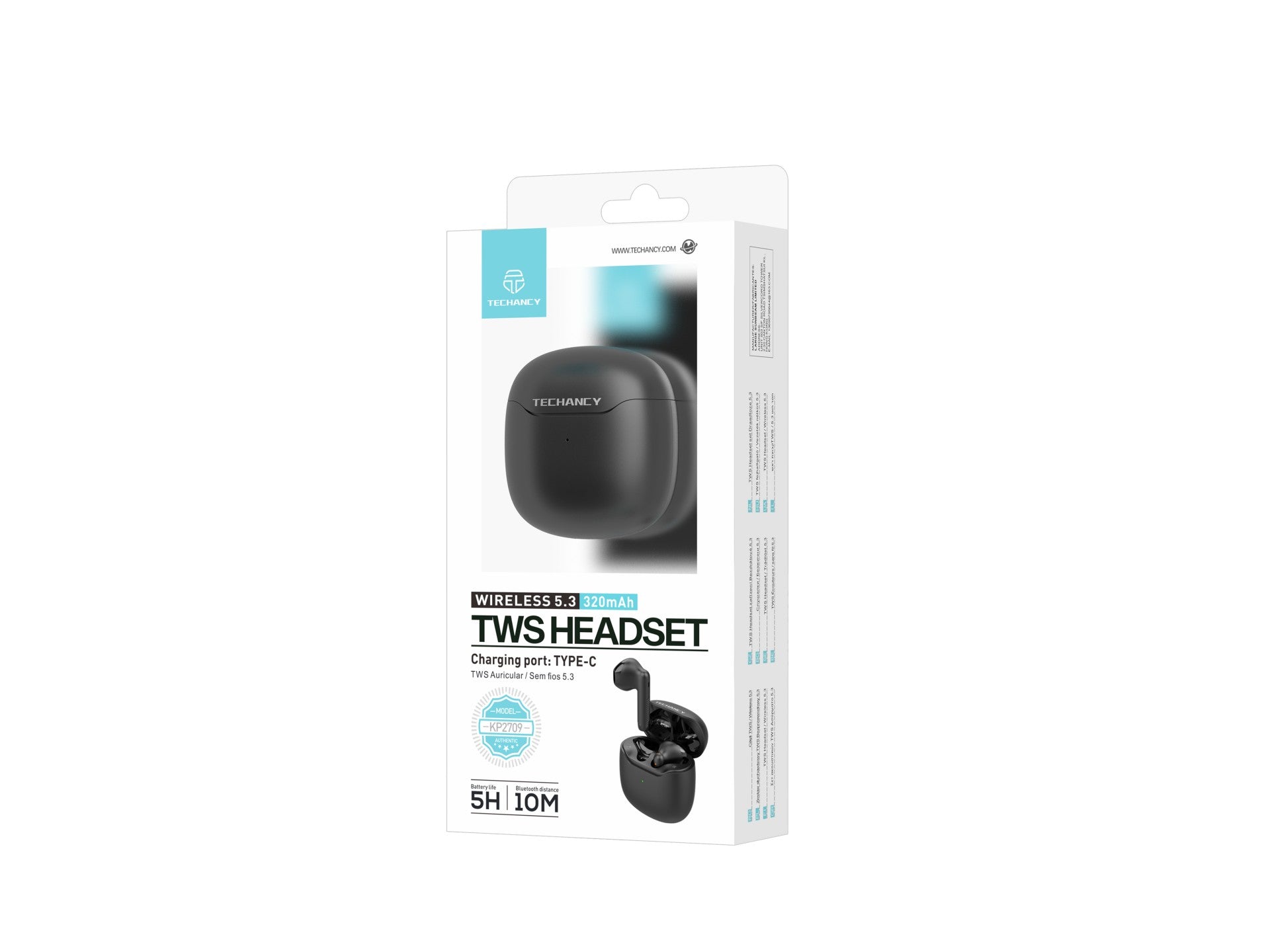 Techancy Auricular TWS KP2709 Sem Fios 5.3 Bluetooth Porta Type C Distancia de 10m 5h de Musica Estojo de Carga 320mAh Preto