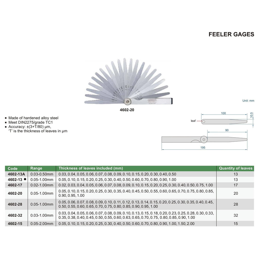 Insize Feeler Gauge 13pc Set 0.05-1mm Range Series 4602-13